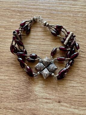 Vintage Karen Hill Tribe Fine Silver & Garnet Multi-Strand Bracelet